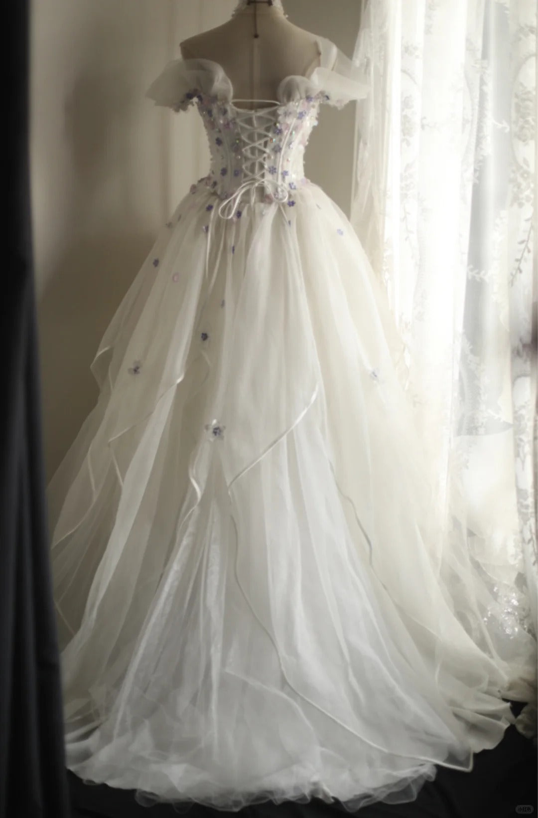 White sweet floral long tulle ball gown evening dress party dress nv4691