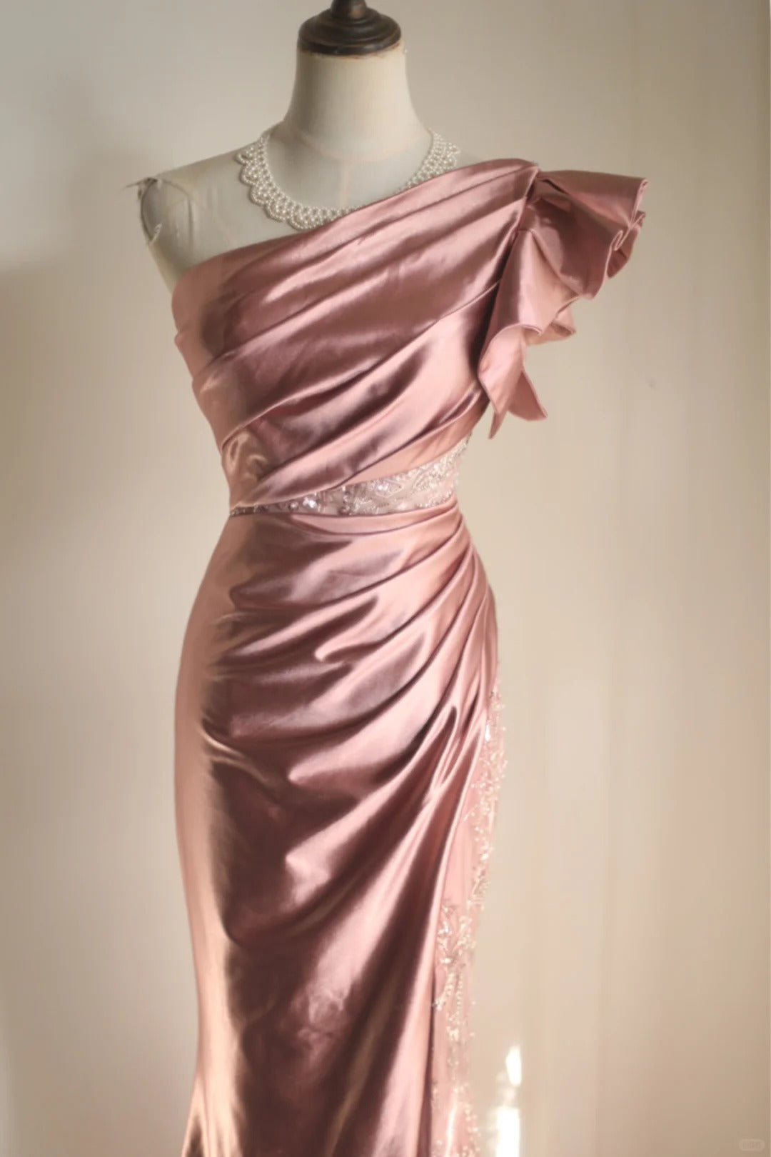 Pink Beaded Elegant Long Satin Floor Length Ball Gown Evening Dress Party Dress nv4187