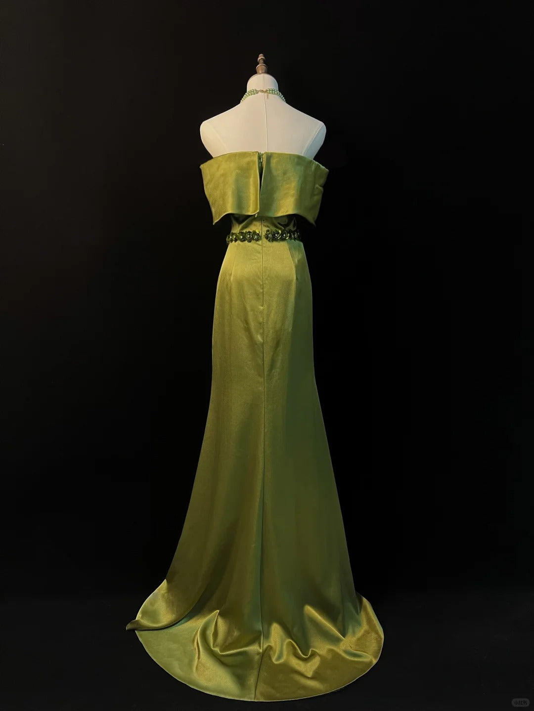 Olive Green Beaded Satin Long Ball Gown Evening Dress nv4274