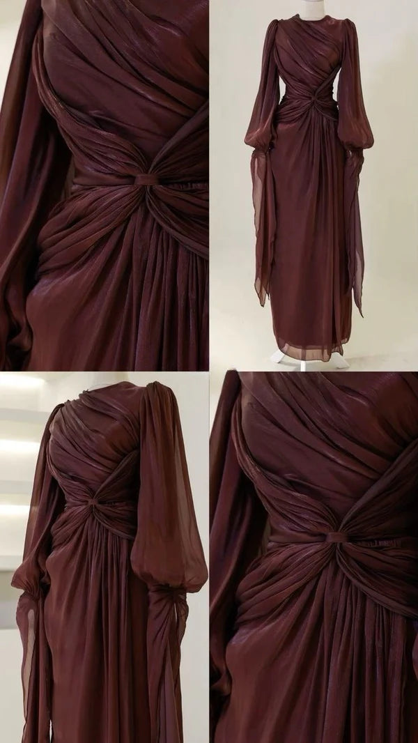 Burgundy Vintage Elegant Long Sleeves Graceful A-Line Long Chiffon Ball Gown Evening Dress Party Dress nv4160