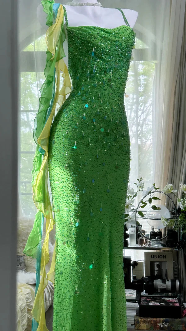 Vintage Evening Dresses, Green Sequin Mermaid Sleeveless Long Party Gowns nv4331