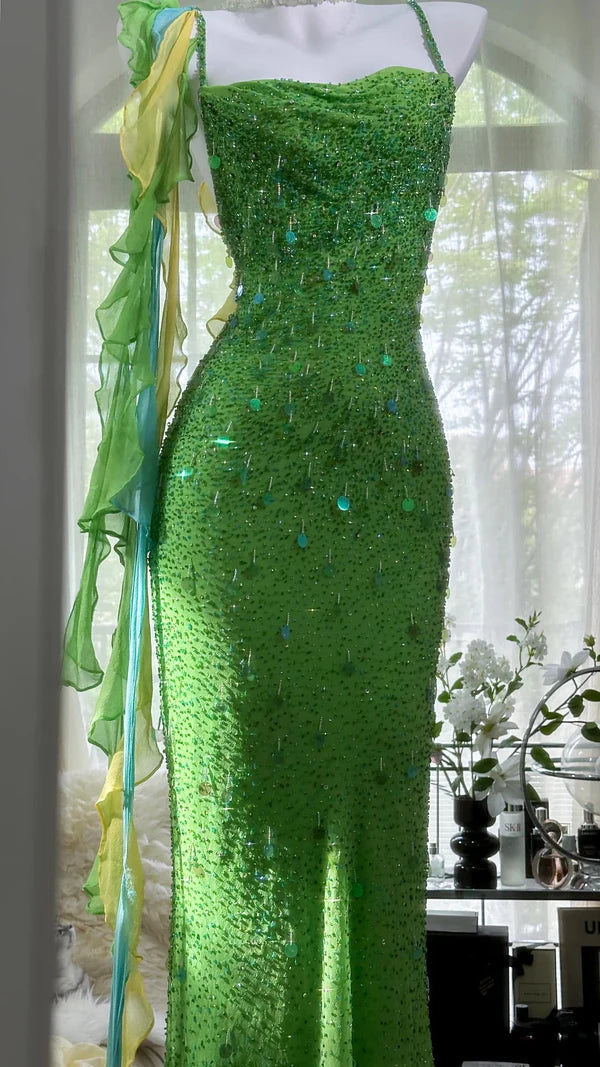 Vintage Evening Dresses, Green Sequin Mermaid Sleeveless Long Party Gowns nv4331