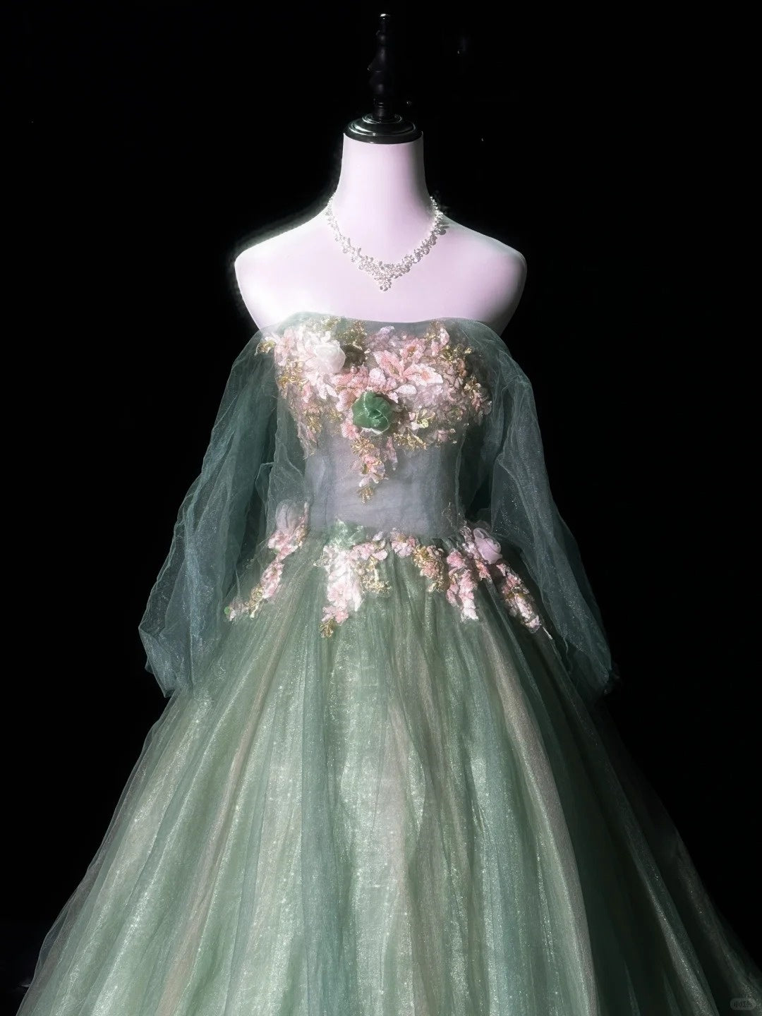 Green Delicate Floral Long Tulle Ball Gown Evening Gown Graduation Gown Adult Ceremony Gown nv4191