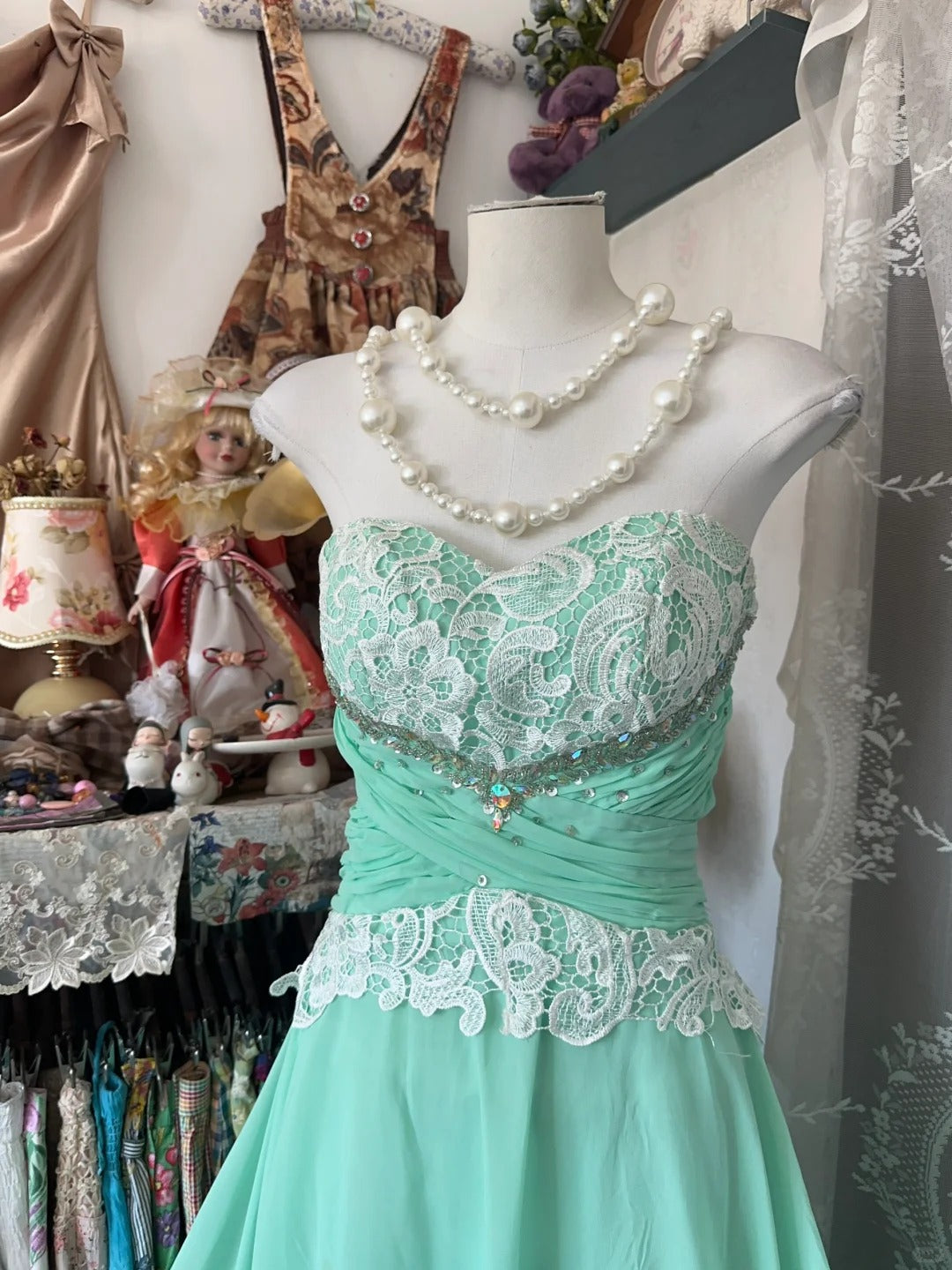 Mint Green Vintage Long Chiffon Ball Gown Evening Dress Party Dress nv4365