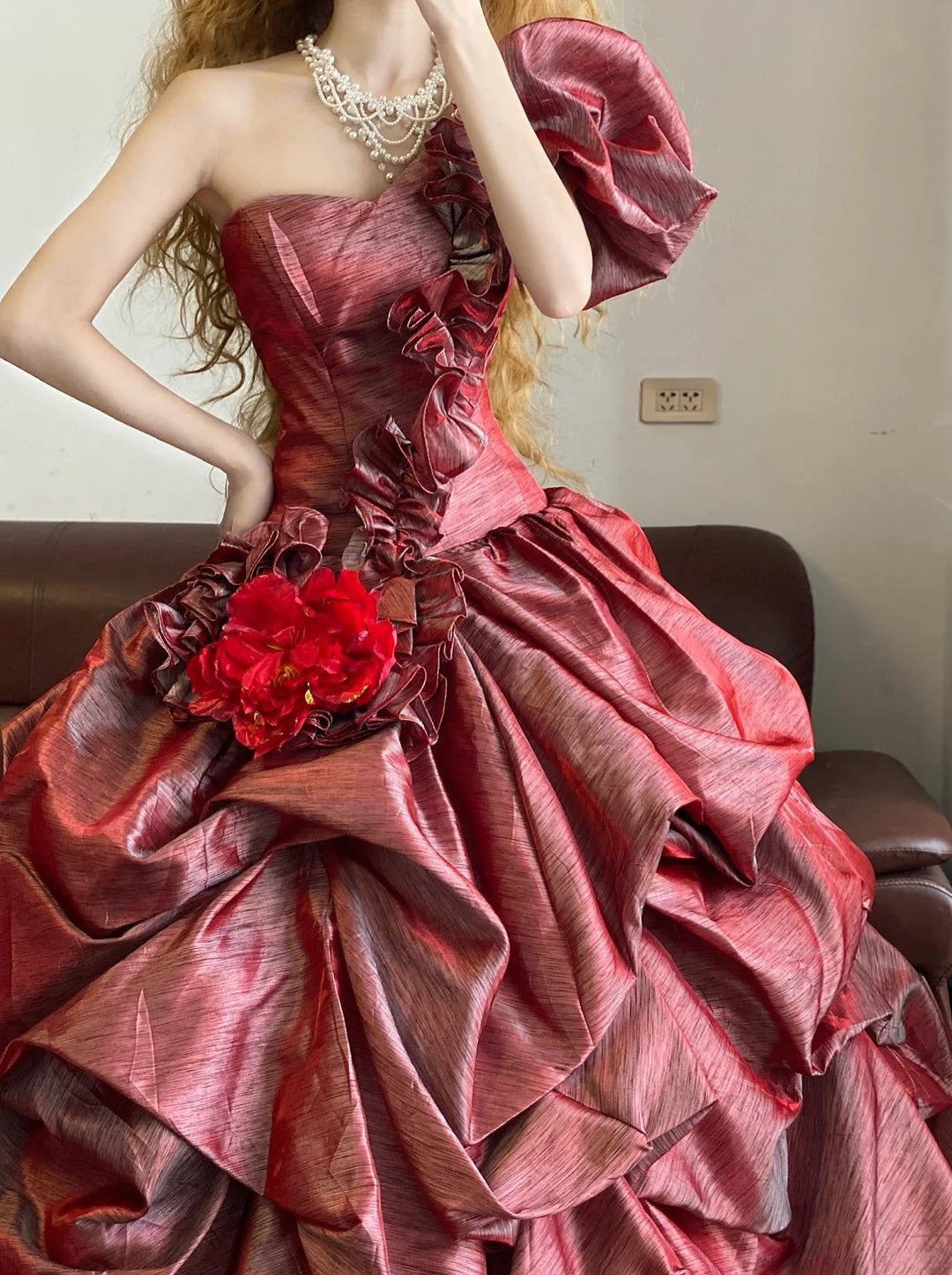 Red floral pleated fashionable long satin princess ball gown nv5045