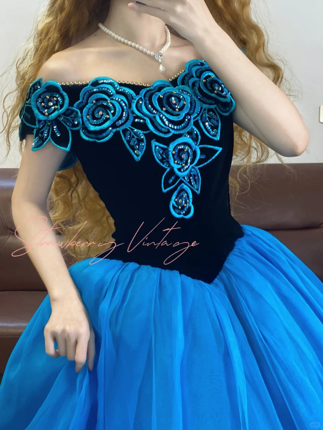 Blue Floral Vintage Elegant Long Princess Tulle Ball Gown nv5026