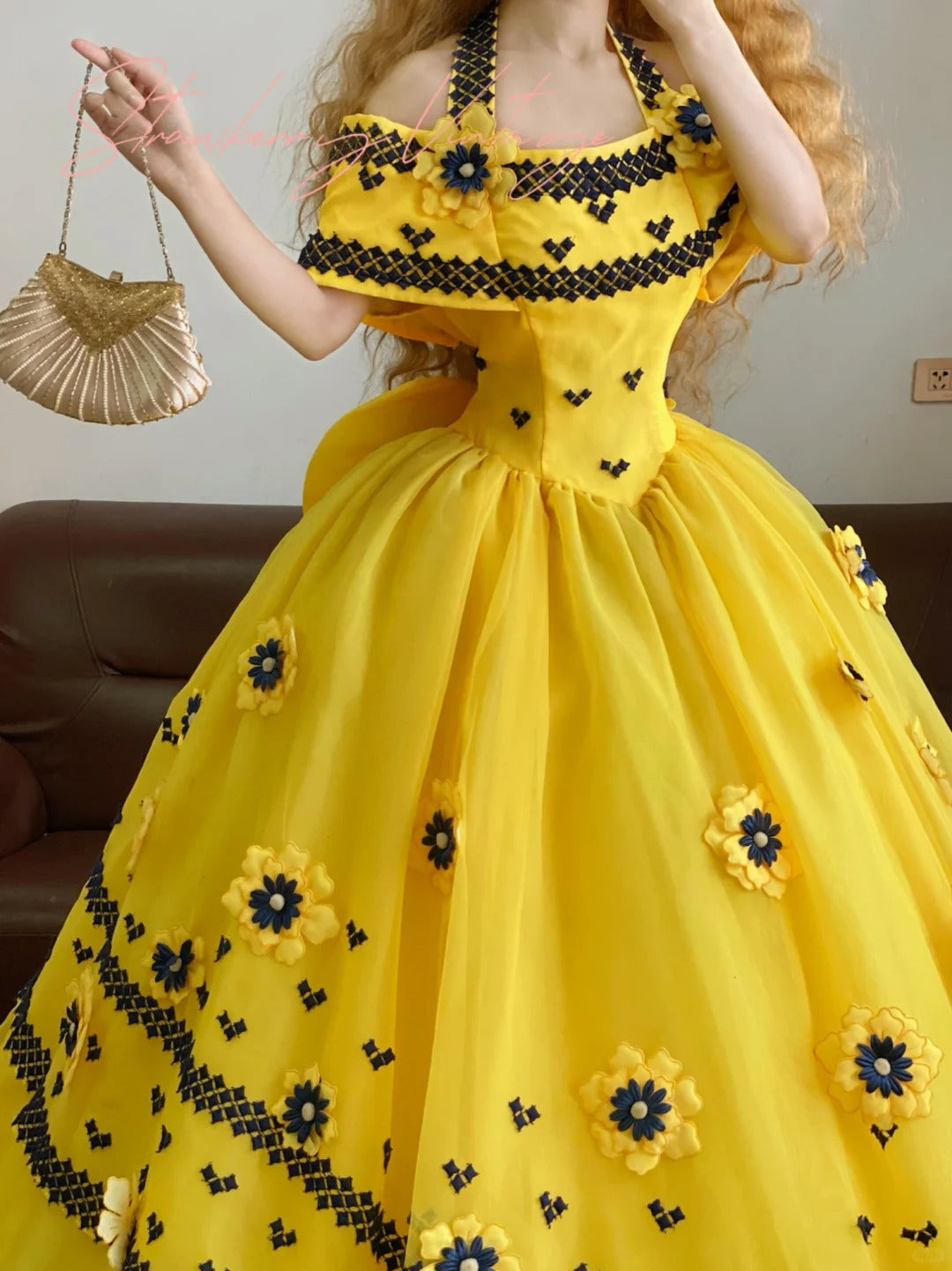Yellow Floral Elegant Sunflower Long Tulle Ball Gown nv5022