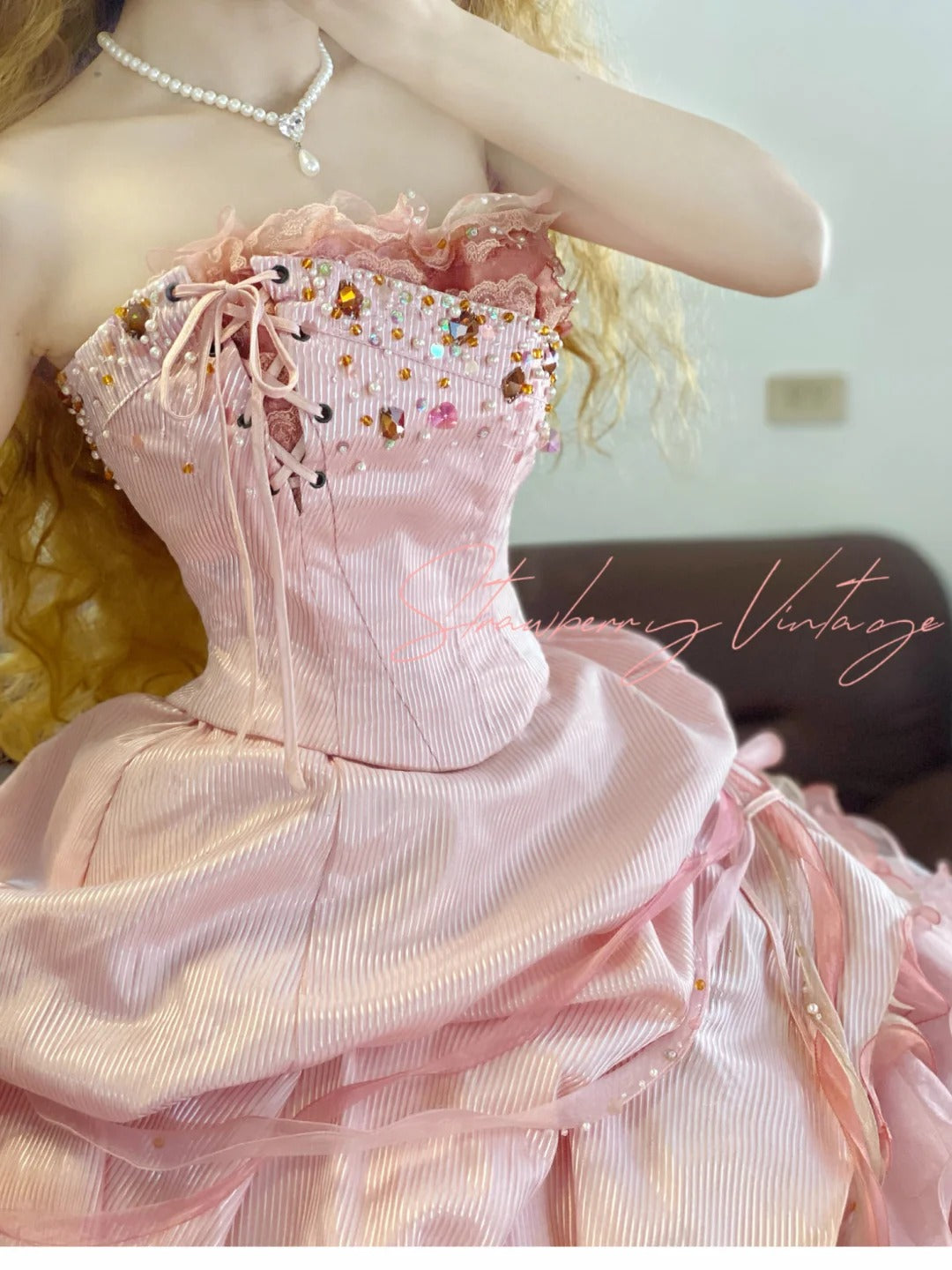 Pink Beaded Vintage Elegant Long Princess Satin Ball Gown nv5031