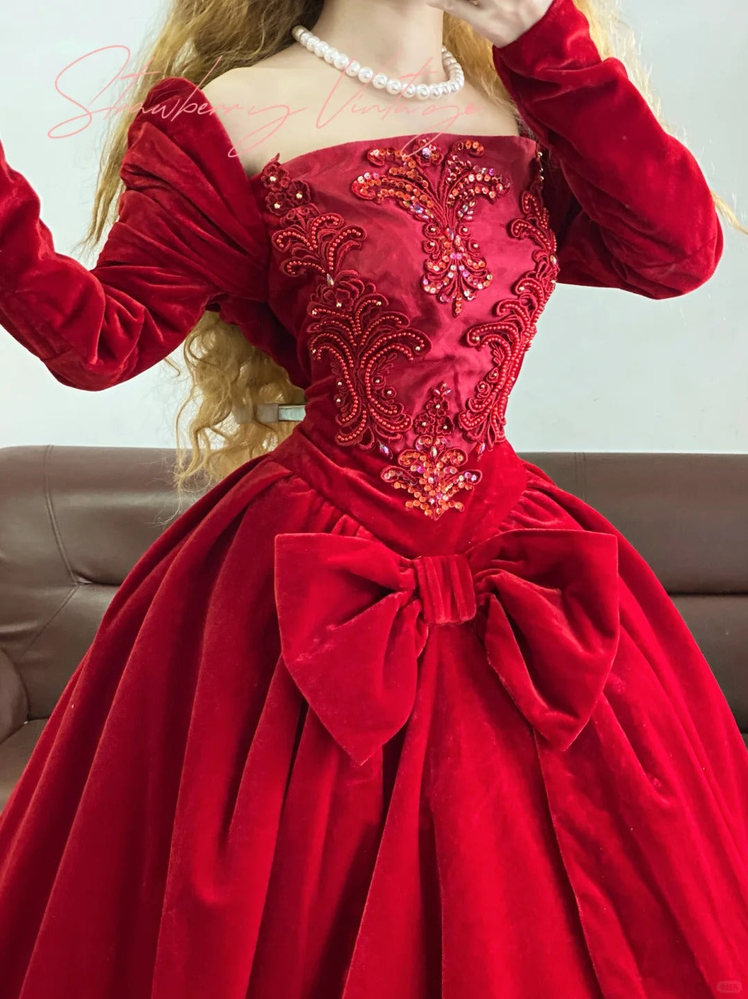 Red velvet beaded gorgeous retro elegant long princess ball gown nv5011