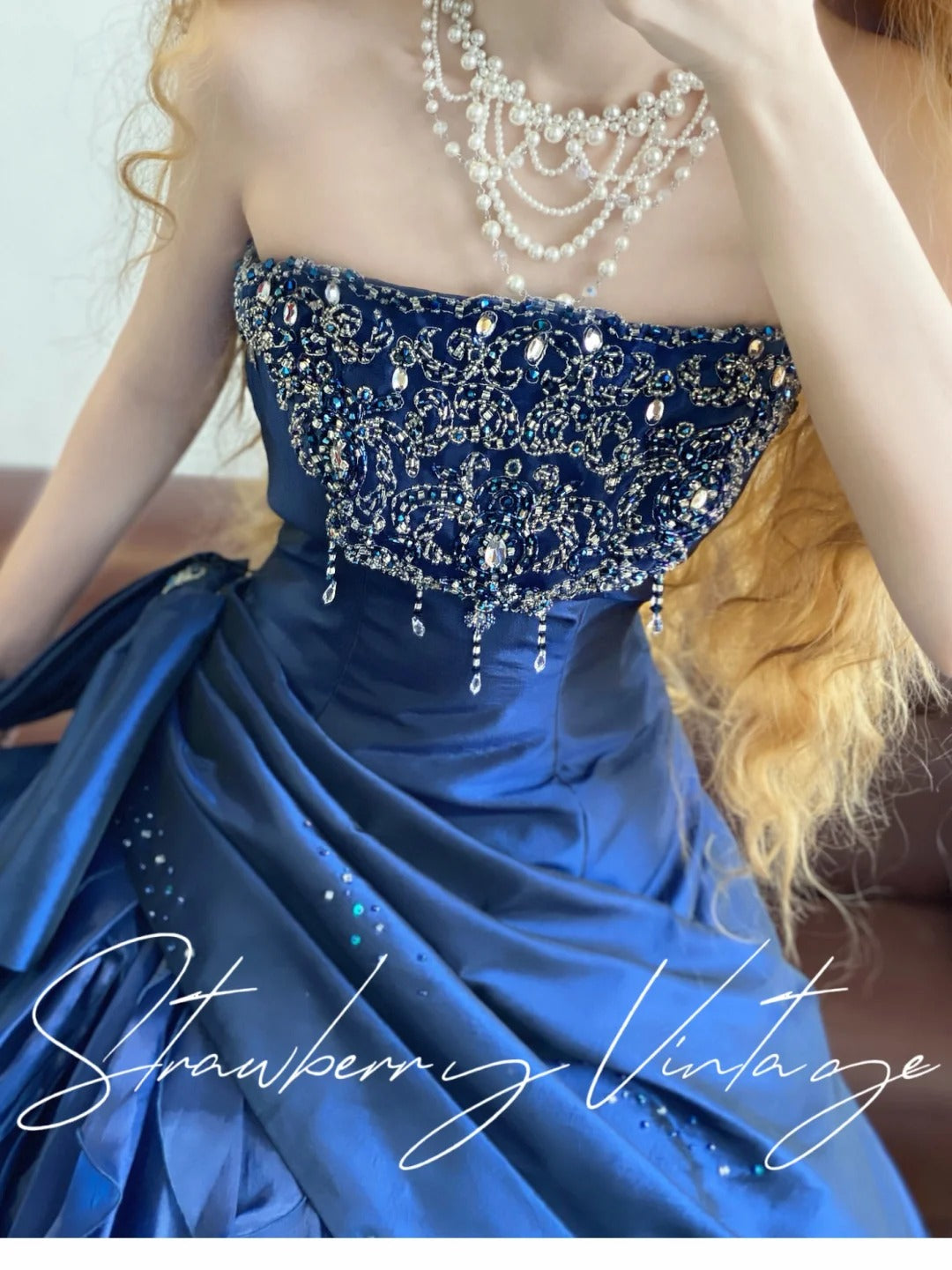 Dark blue beaded vintage elegant long princess satin tulle ball gown nv5032