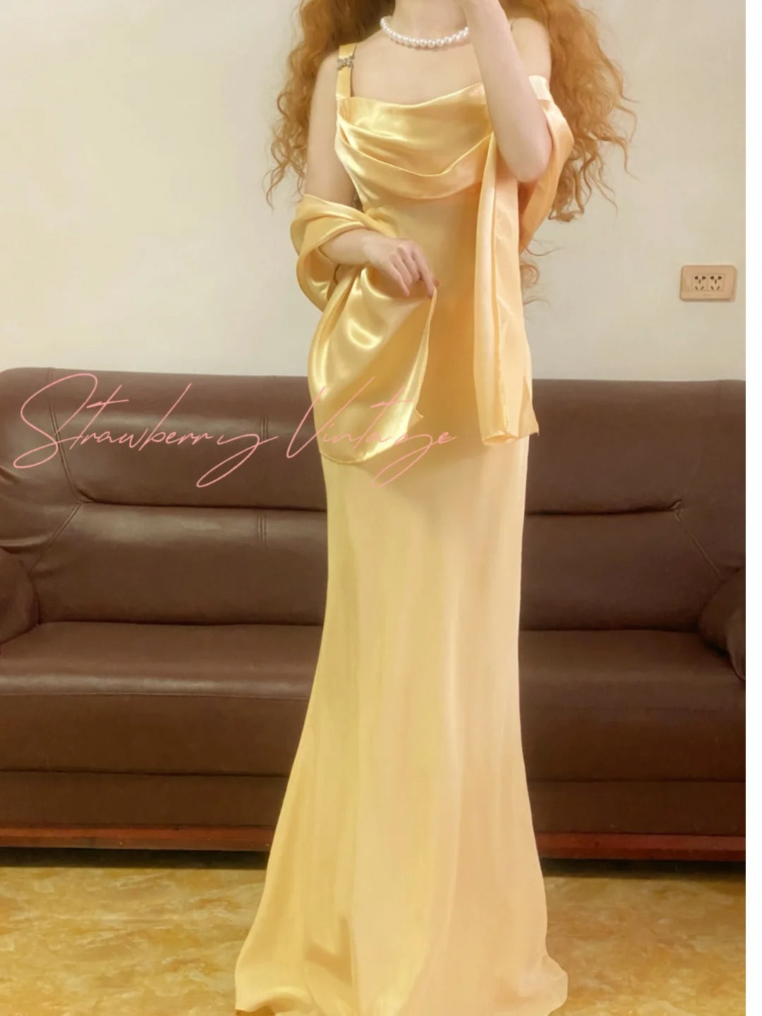 Yellow simple long vintage satin homecoming dress birthday party dress nv4998
