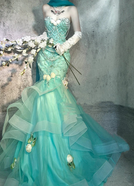 Blue gorgeous exquisite beaded long satin ball gown evening dress party dress nv4377