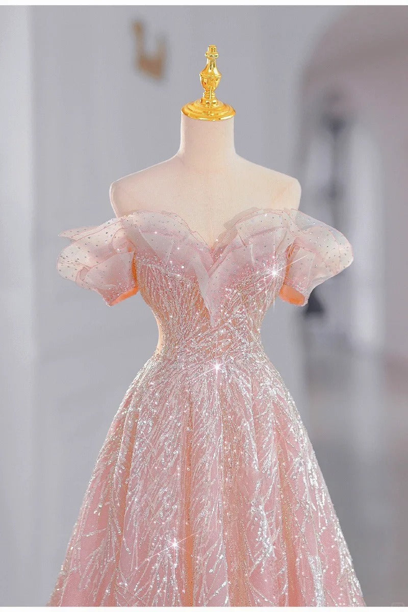Pink Sparkling Elegant Long Tulle Ball Gown Evening Dress nv4227