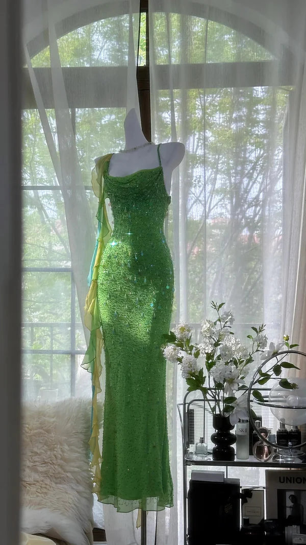 Vintage Evening Dresses, Green Sequin Mermaid Sleeveless Long Party Gowns nv4331