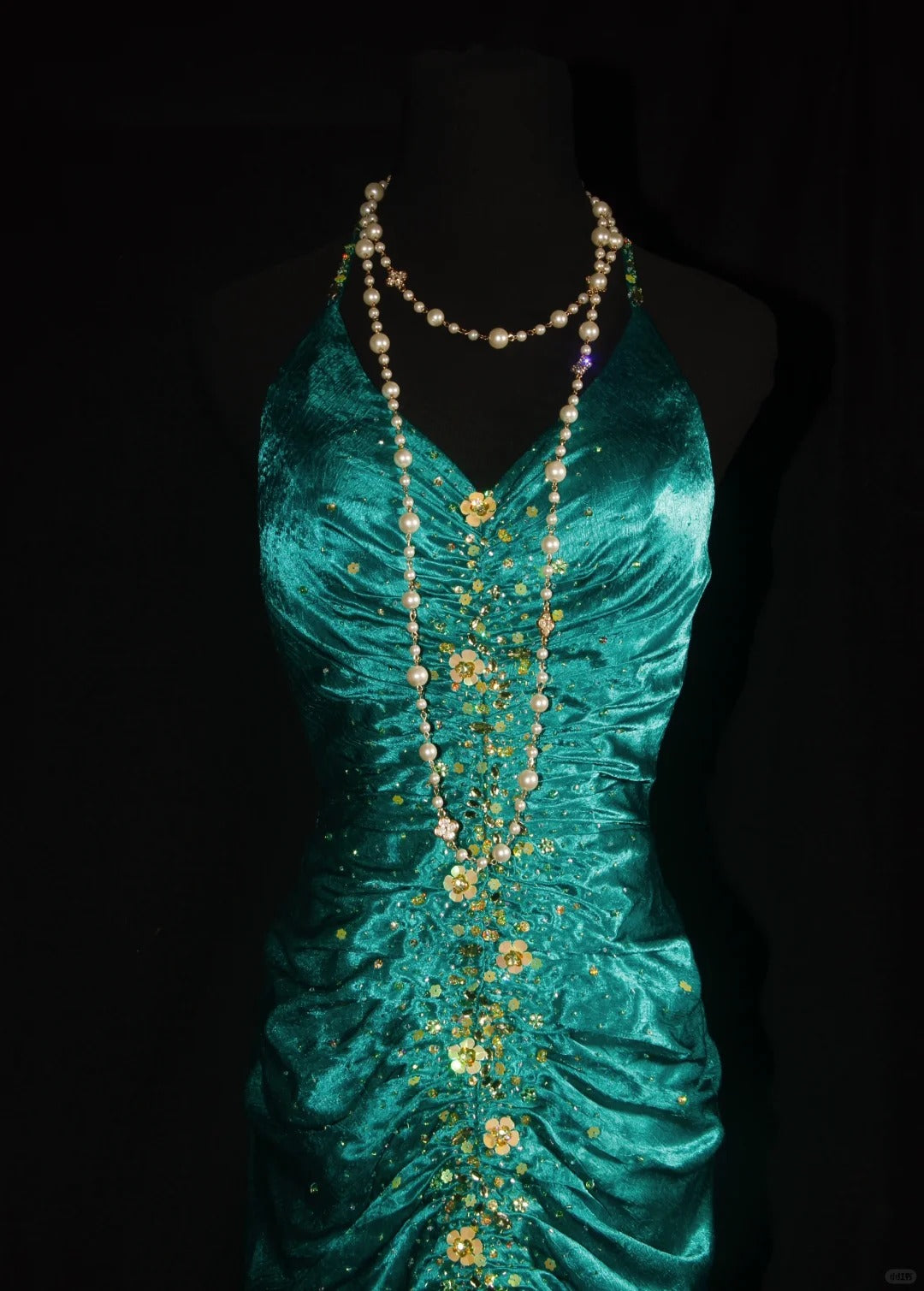 Green Gold Floral Delicate Beads Long Satin Ball Gown Evening Gown Party Dress nv4196