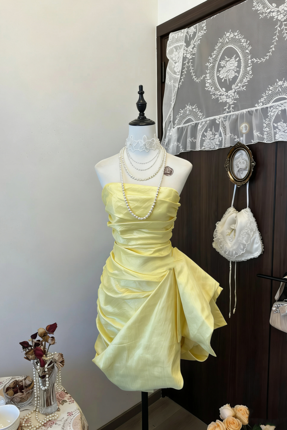 Retro French Style Yellow Satin Ruched Strapless Mini Gown - Luxury Dress for Afternoon Tea & Date NV6362