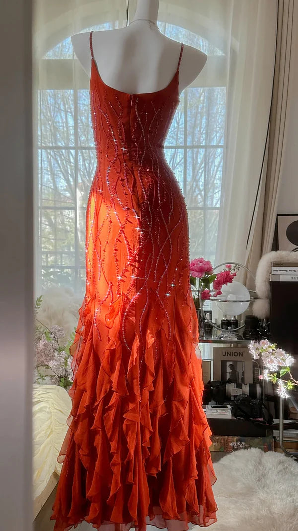 Vintage Evening Dresses, Orange Mermaid Sleeveless Long Party Gowns nv4330