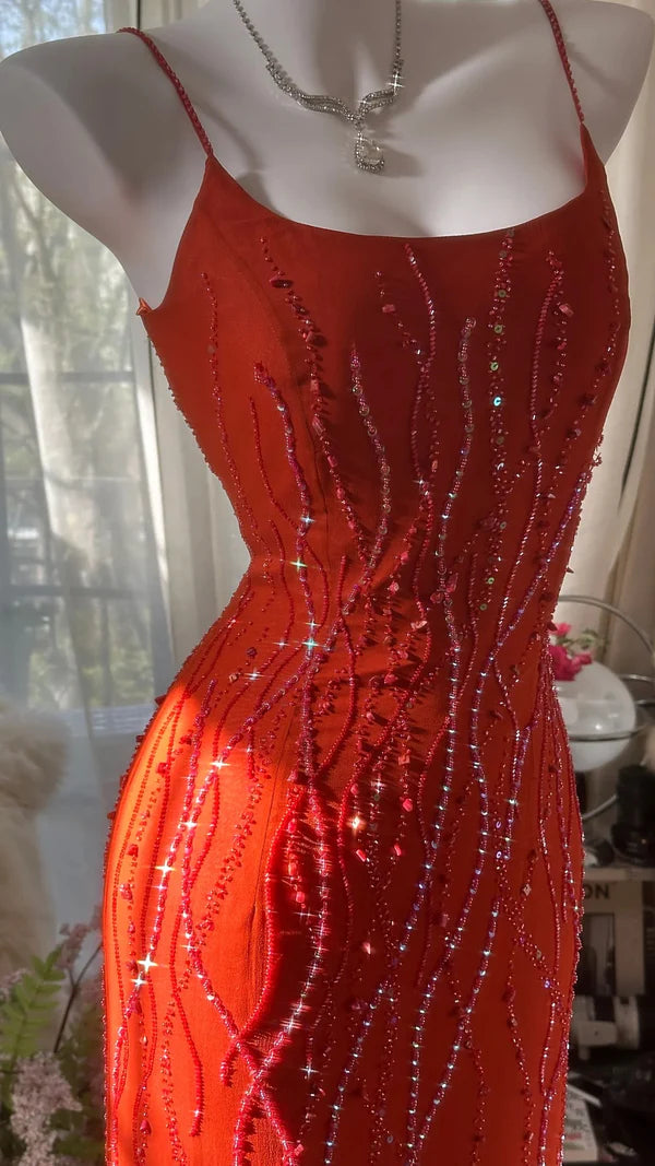 Vintage Evening Dresses, Orange Mermaid Sleeveless Long Party Gowns nv4330