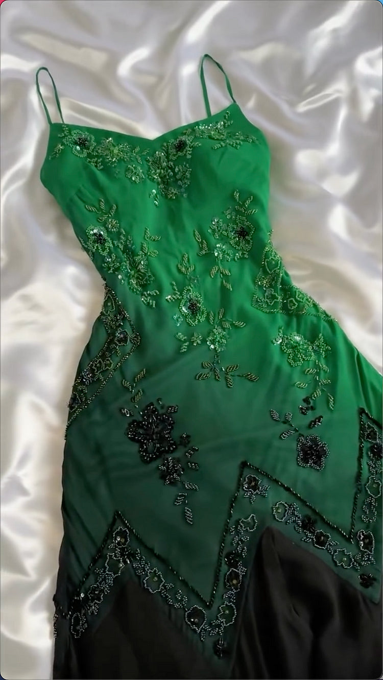 Green shiny fashion exquisite beading spaghetti straps long chiffon ball gown evening dress party dress nv3577