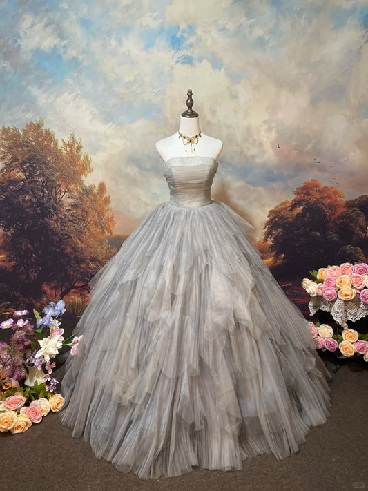 Silver-gray shiny exquisite sequined tulle floor-length retro long ball gown nv5157