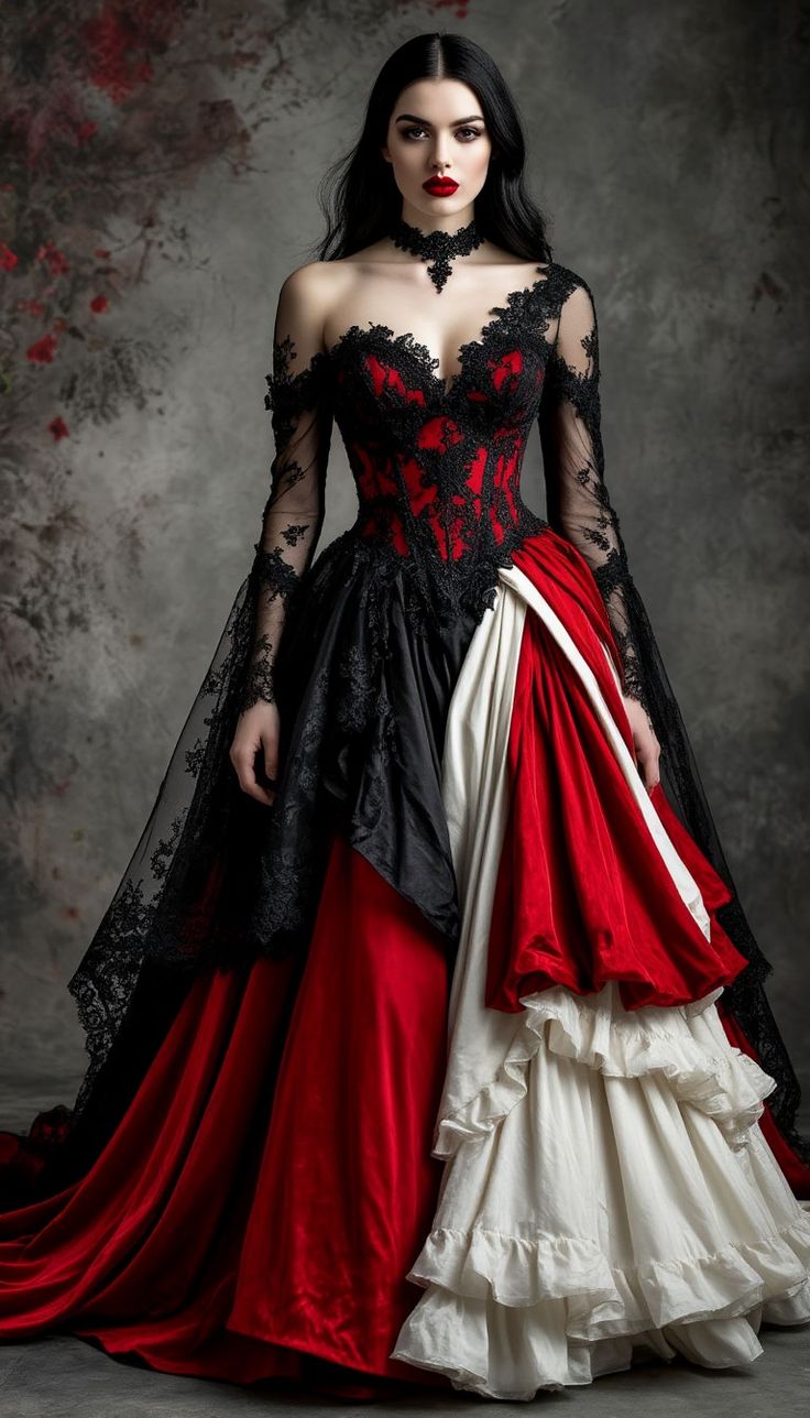 NiceVestidos - Robe de bal longue vampire en tulle et dentelle délicate, style vintage noir et rouge NV6022