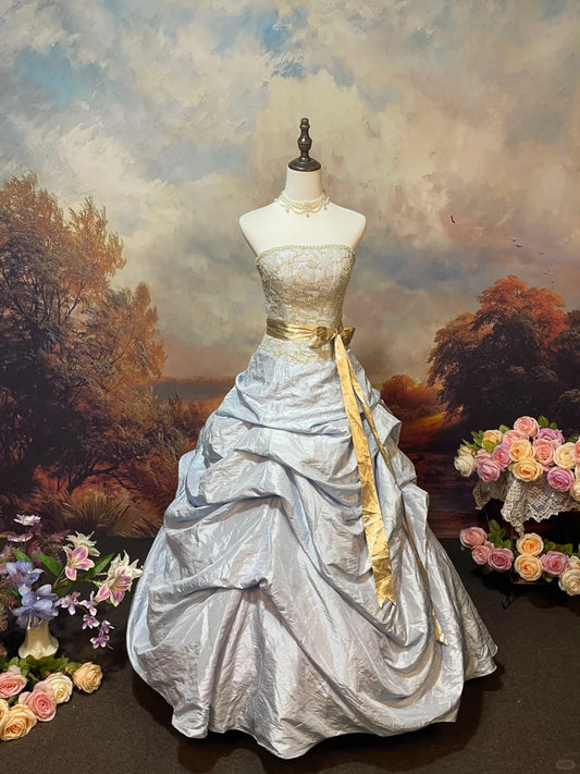 Sky blue grey exquisite beaded satin floor-length vintage long ball gown nv5150