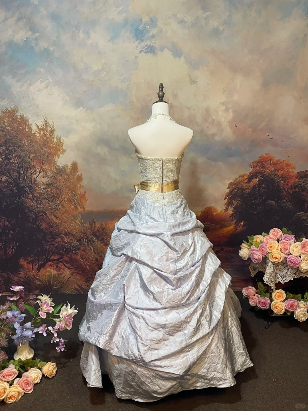 Sky blue grey exquisite beaded satin floor-length vintage long ball gown nv5150