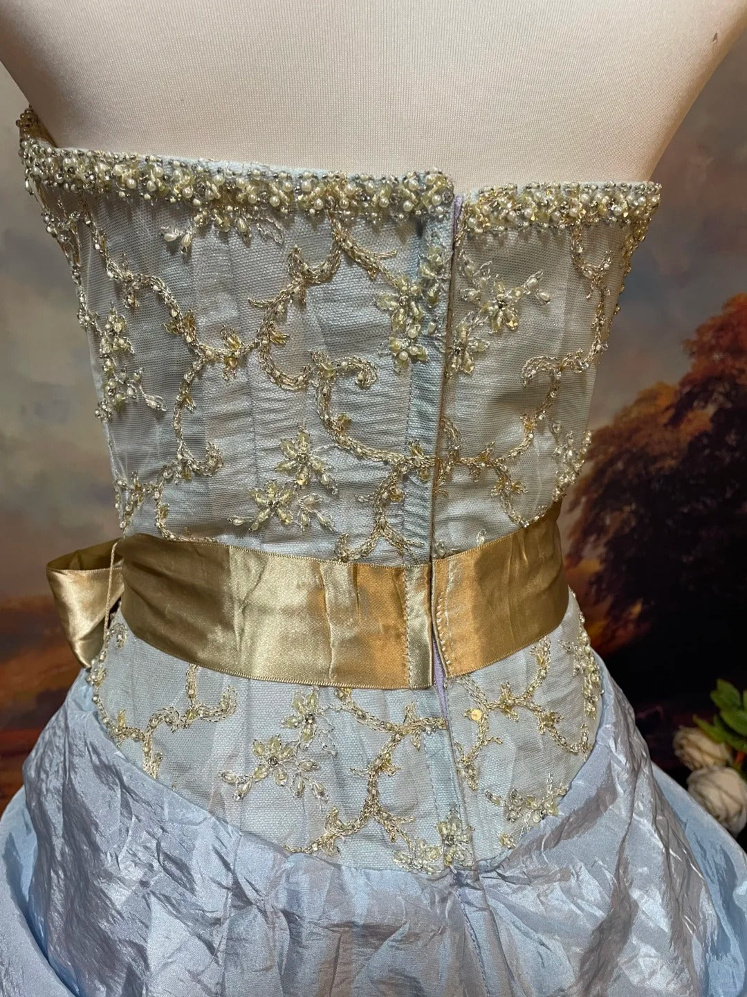 Sky blue grey exquisite beaded satin floor-length vintage long ball gown nv5150