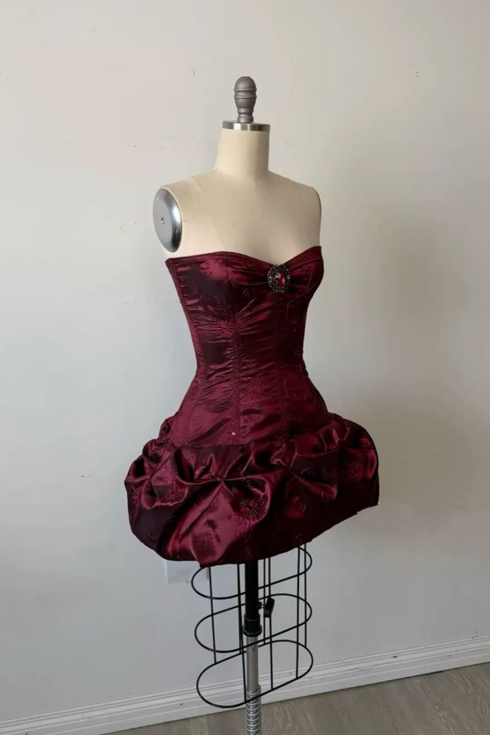 Burgundy Satin Strapless Flower Bud Dress NV6243