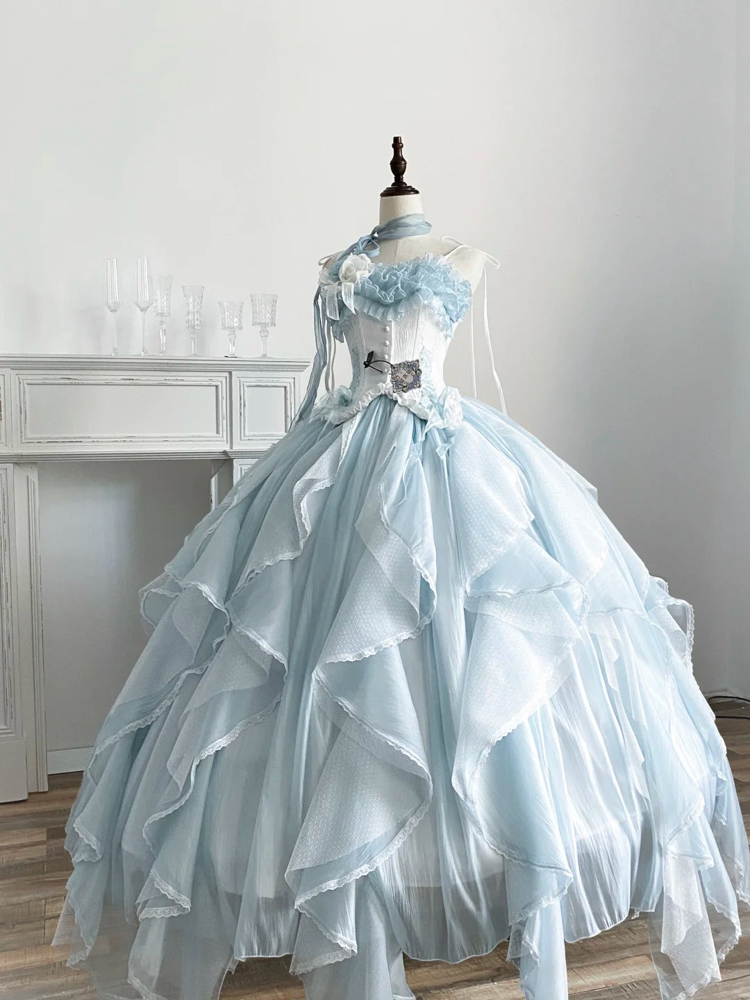 Light blue sweet floral long tulle ball gown evening dress Quinceanera Dresses nv4995
