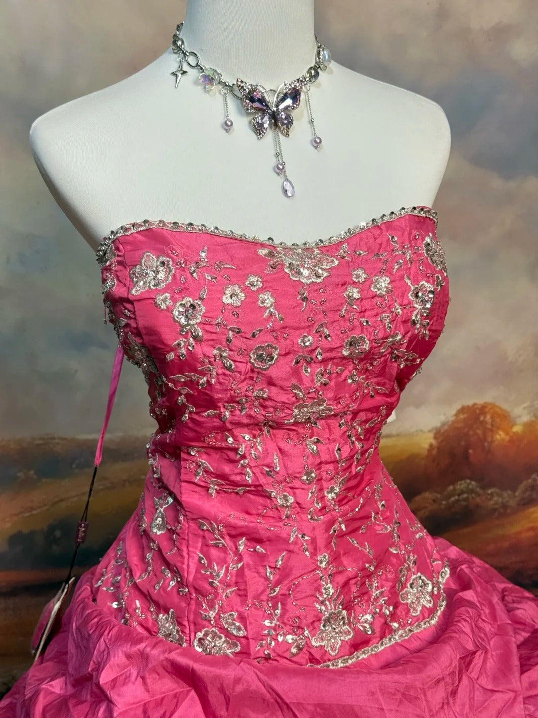 Pink Vintage Beaded Long Satin Ball Gown nv5146