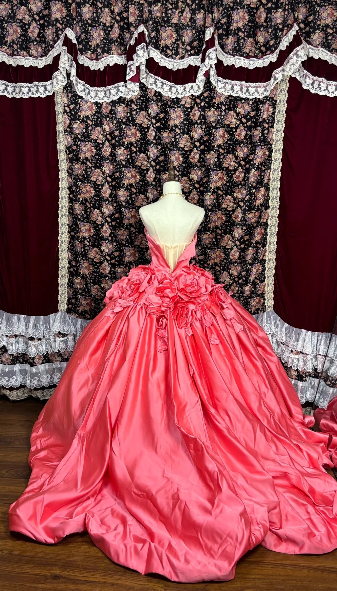 Pink Floral Elegant Sophisticated Long Floor Length Ball Gown Evening Gown Wedding Dress nv4174