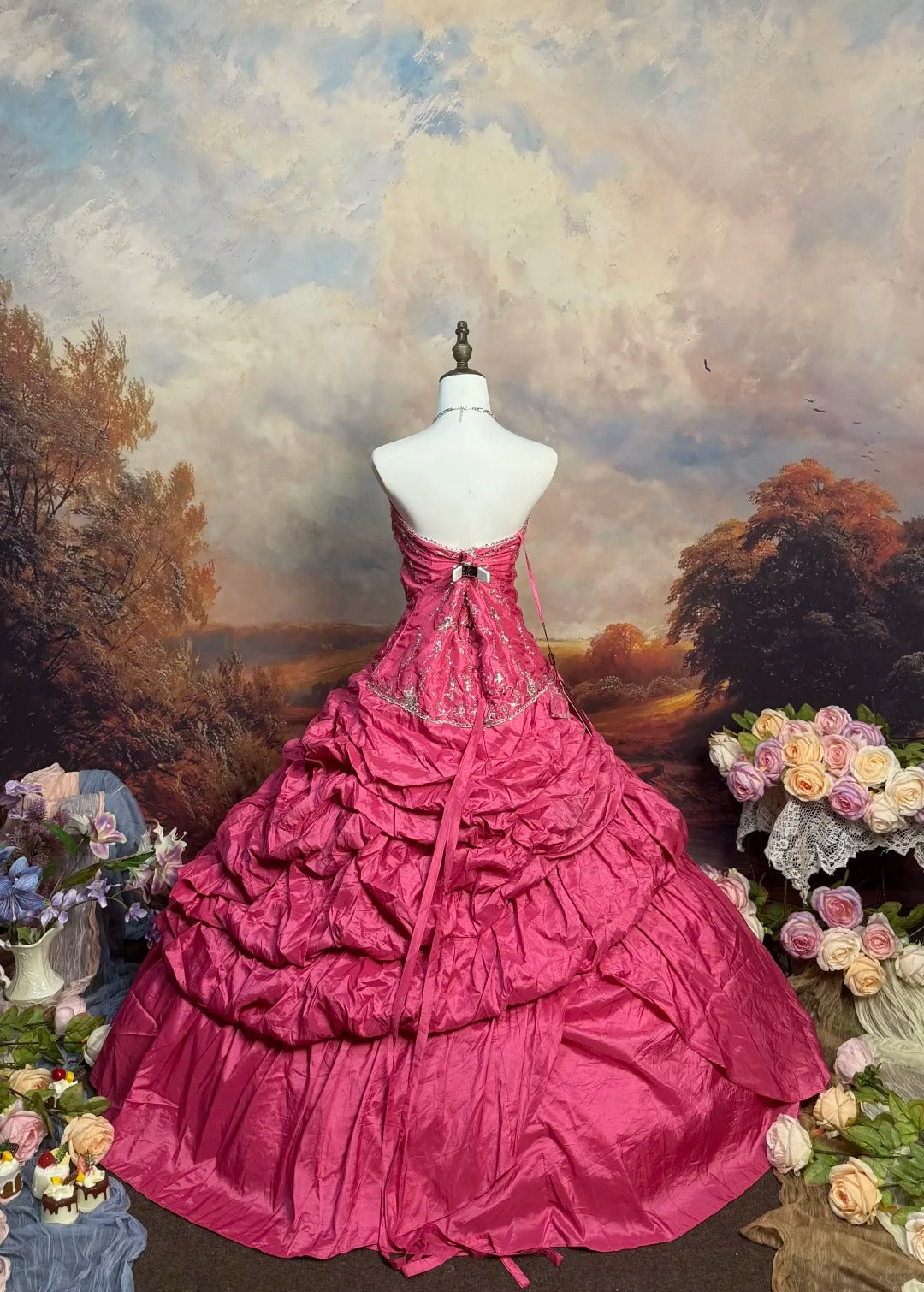Pink Vintage Beaded Long Satin Ball Gown nv5146