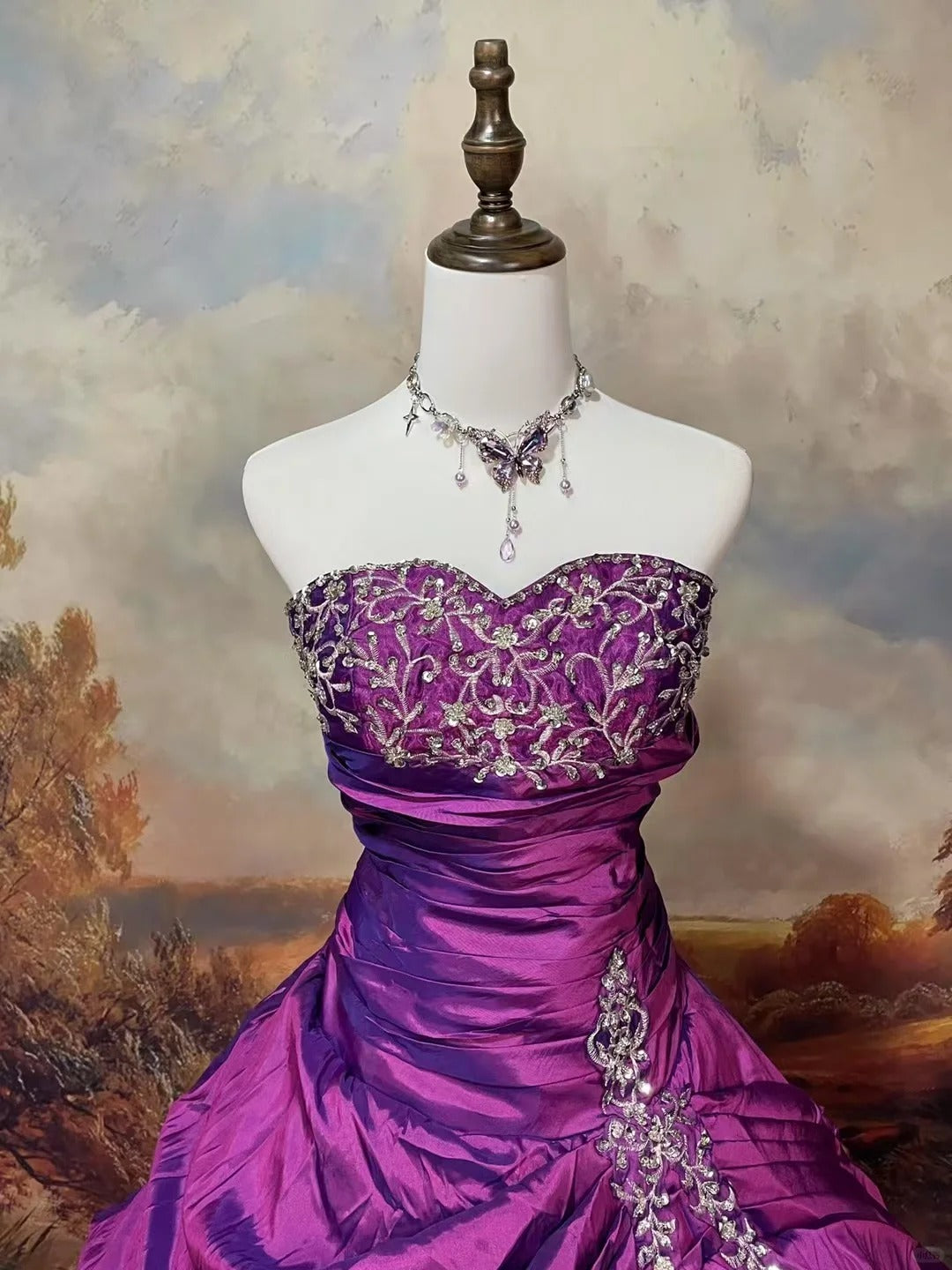 Purple Vintage Fashion Elegant Floral Exquisite Beading Long Satin Floor Length Ball Gown Evening Dress nv4064