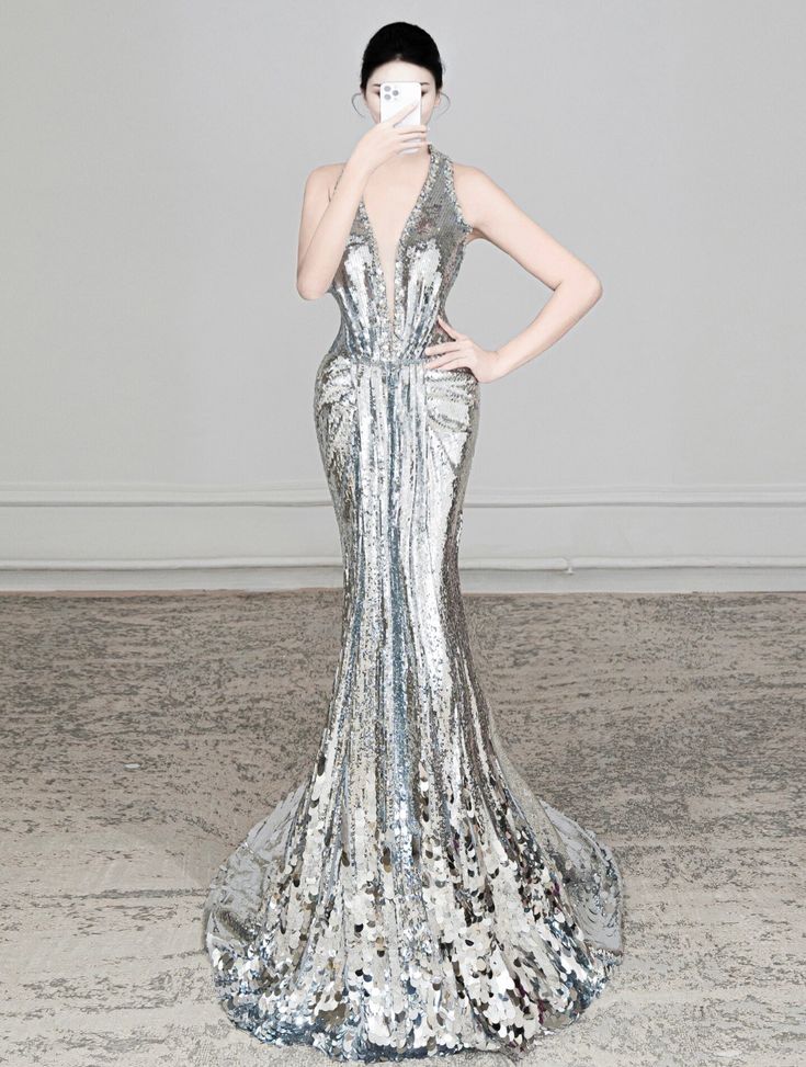 Silver Gorgeous Shiny Long Pretty Mermaid Slim Off Shoulder Sequined Ball Gown Formal Evening Dress Prom Dress nv3855