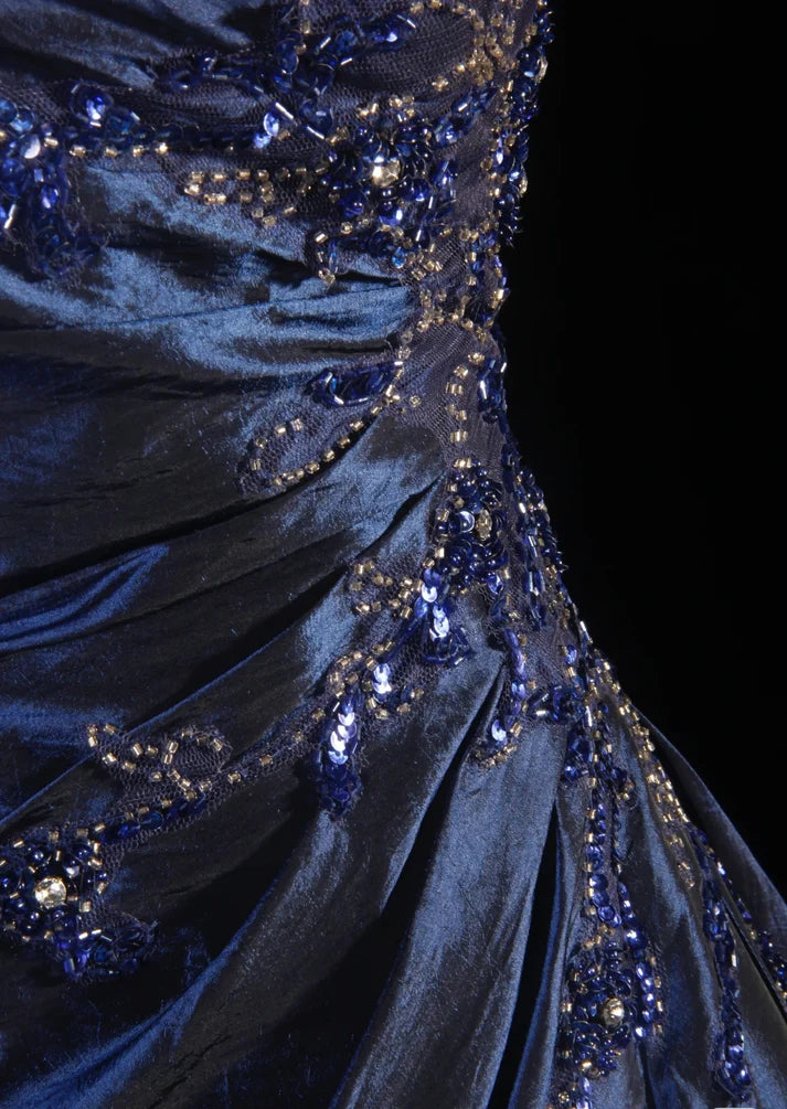 Navy Blue Vintage Fashion Exquisite Beaded Ball Gown Off Shoulder Long Satin Elegant Prom Dress Party Dress nv3769