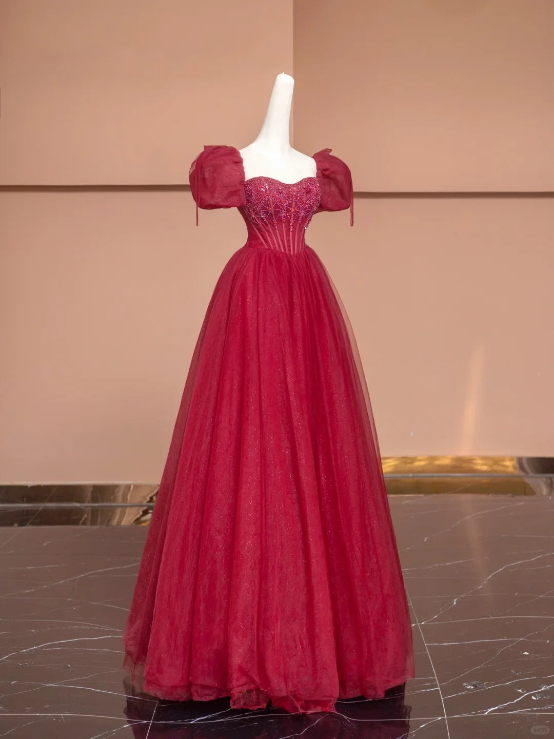 Red Vintage Exquisite Beaded Long Tulle Prom Dress Evening Dress Party Dress Ball gown nv4729