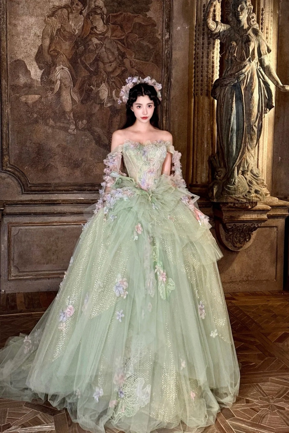 Robe de bal longue en tulle vert, somptueuse et délicate à motifs floraux NV6642