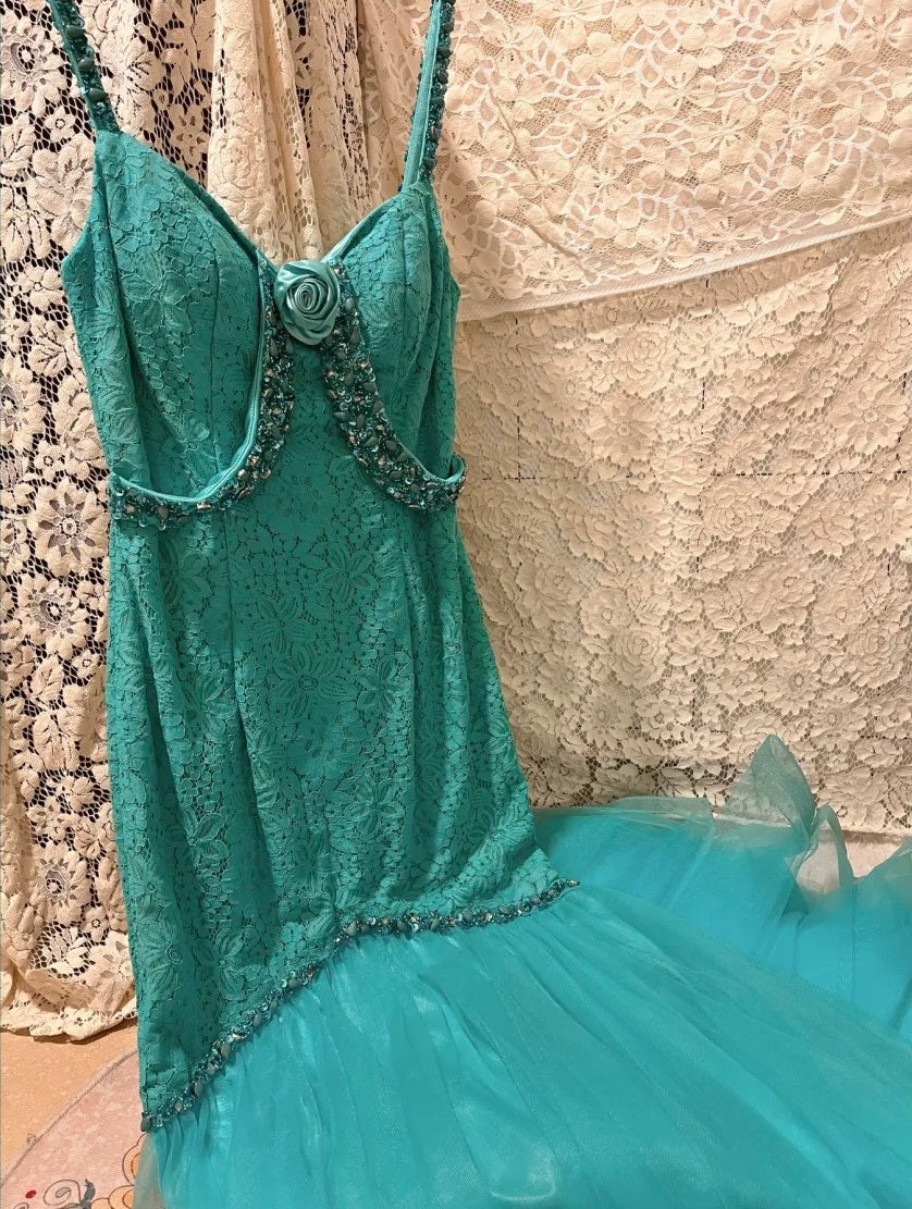 Blue Beaded Beautiful Mermaid Long Lace Tulle Ball Gown Evening Gown Party Dress nv4324