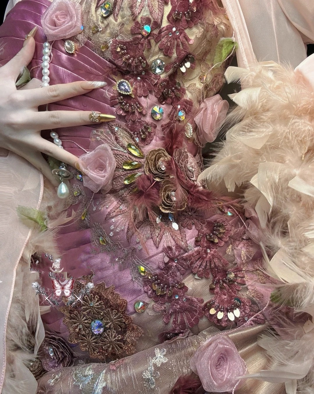 🌸Pink and purple floral beaded long satin ball gown evening dress fairy dress nv4433