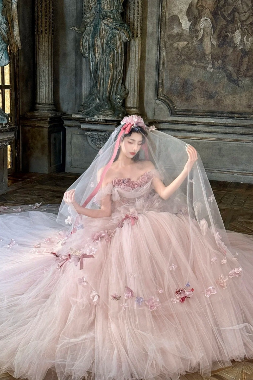 Robe de bal longue en tulle rose à fleurs NV6654