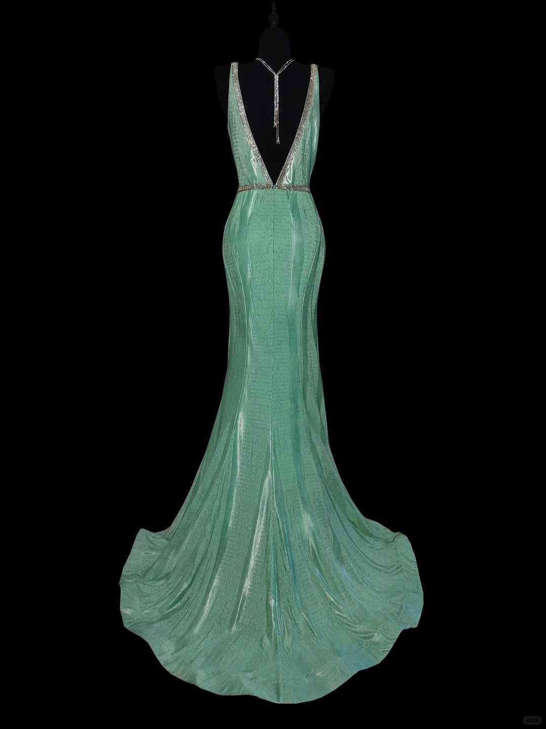 Mint Green Fashion Elegant V-neck Long Mermaid Slim Fishtail Skirt Satin Floor Length Train Ball Gown Evening Gown Party Dress Prom Dress nv3861