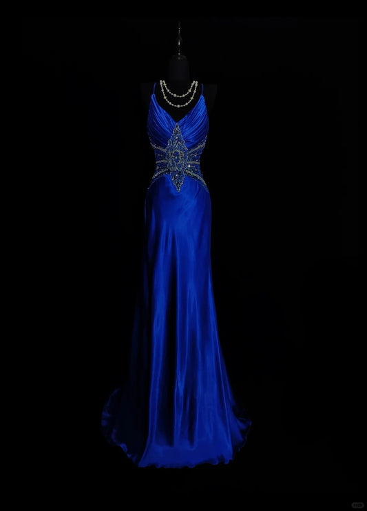 Blue Gorgeous Retro Elegant Exquisite Beaded Backless Long Floor Length Trail Satin Ball Gown Evening Gown Party Dress Prom Gown nv3964