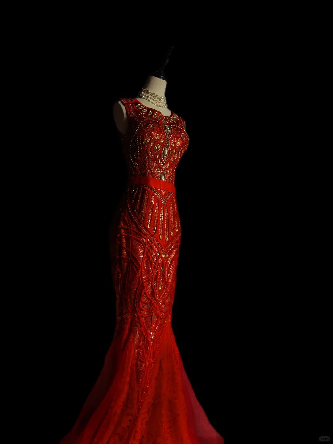 Red luxury gorgeous retro fashion elegant exquisite gemstone beaded long tulle floor-length tail prom dress evening dress hand-made custom heavy industry dress nv3941