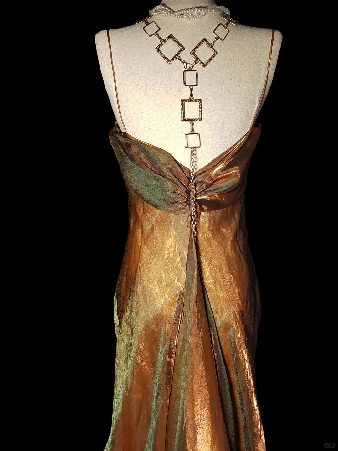 Golden green gorgeous fashionable elegant dark pattern long spaghetti straps satin mermaid tail prom dress evening dress birthday party dress prom dress nv3968
