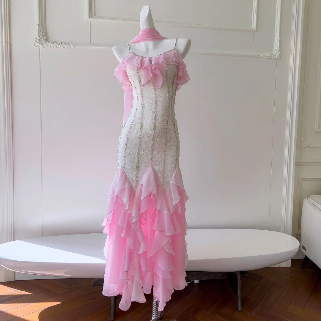 Pink Beaded Long Chiffon Prom Dress Evening Gown Party Dress Graduation Gown nv4671