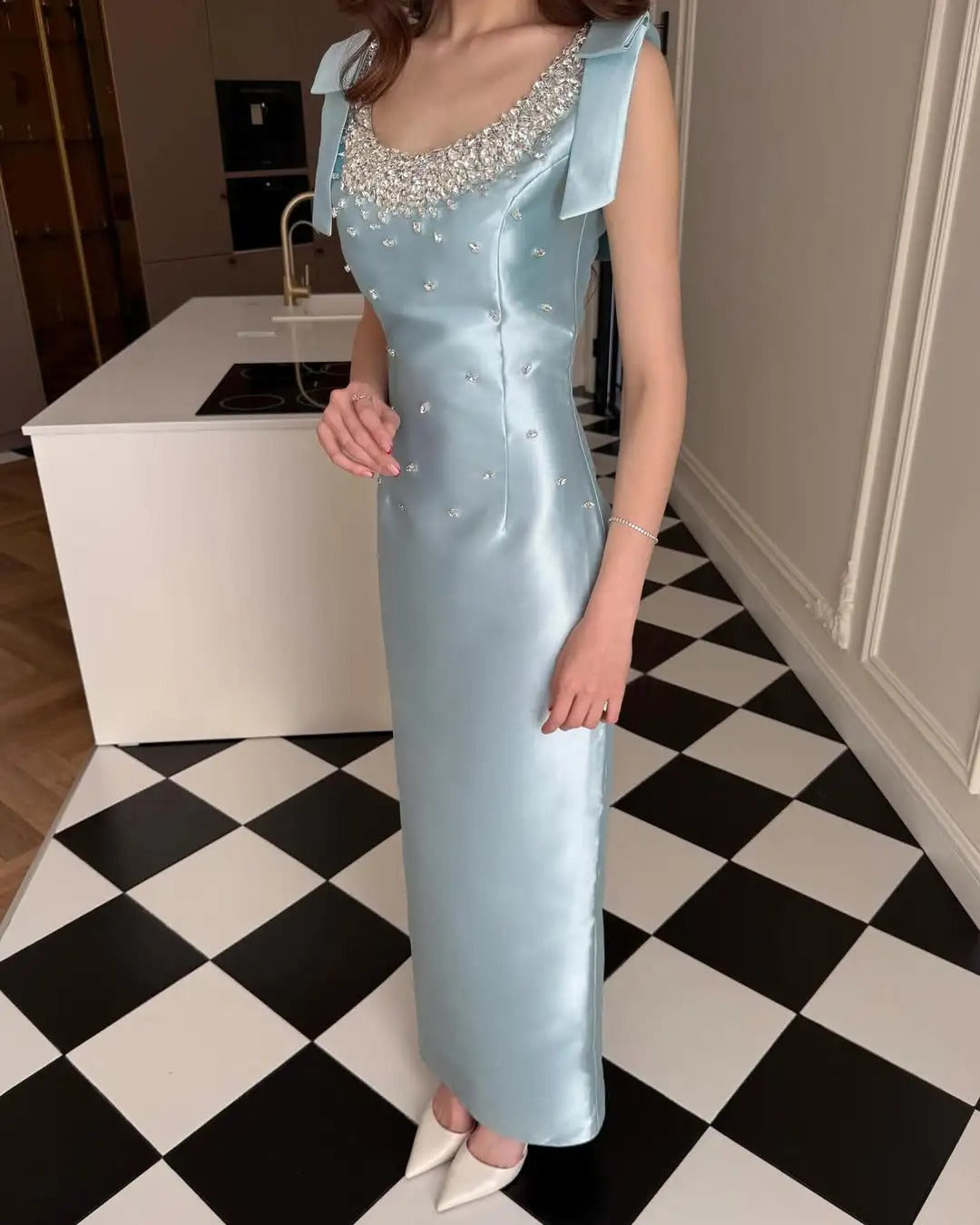 Light Blue Exquisite Beading Long Satin Ball Gown Evening Dress Party Dress nv4170