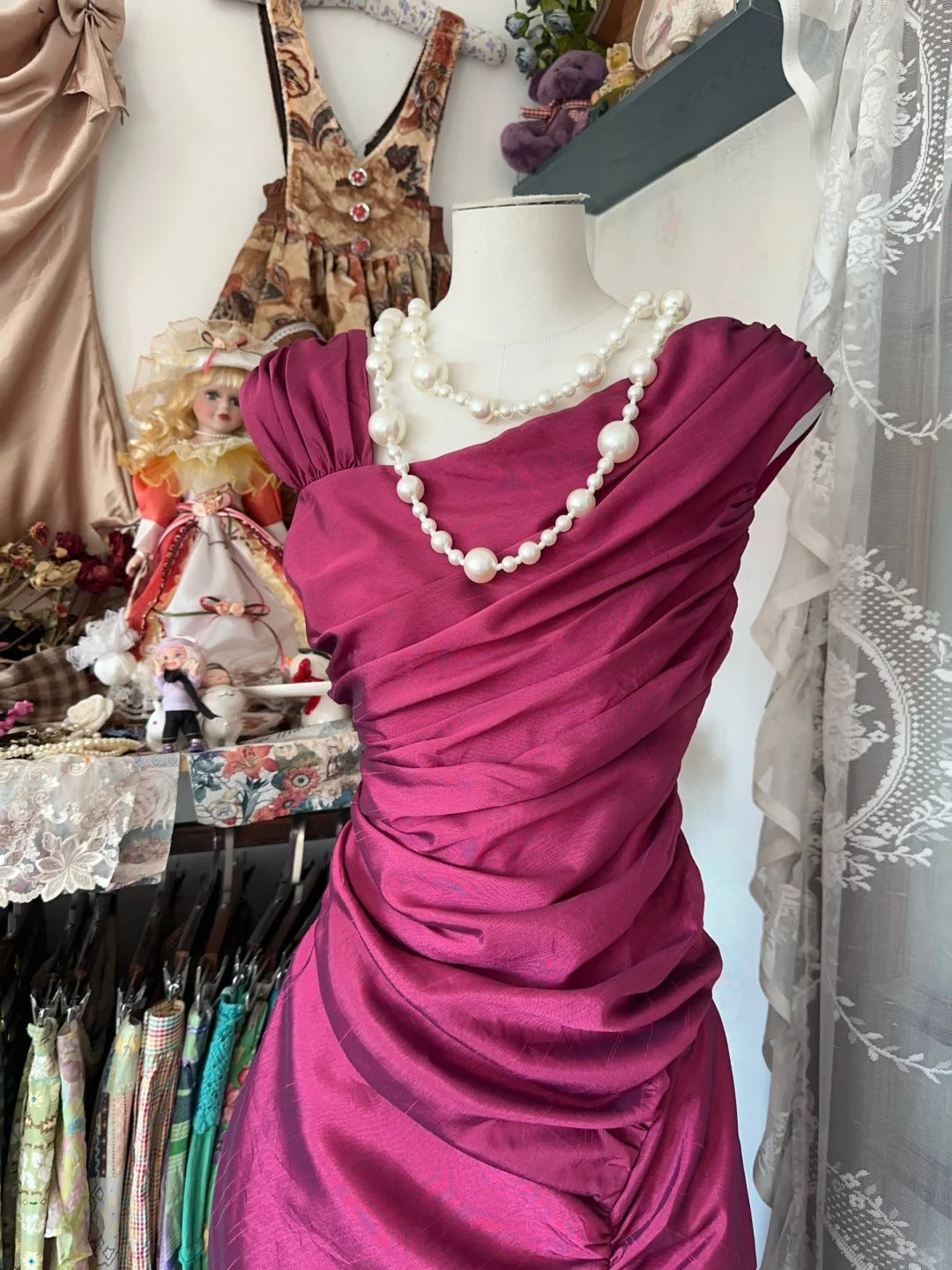 Pink Vintage Fashion Elegant Long Satin Mermaid Slim Floor Length Ball Gown Evening Dress Party Dress nv4202