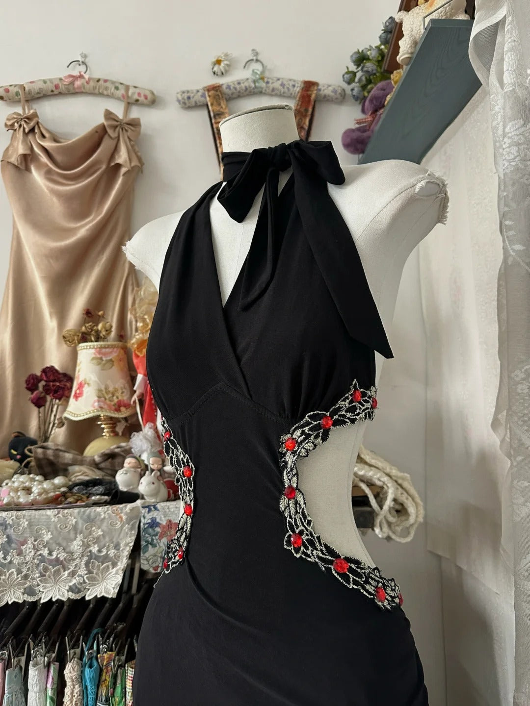 Black Beaded Vintage Long Satin Off-Waist Prom Gown Evening Gown Party Dress nv4367
