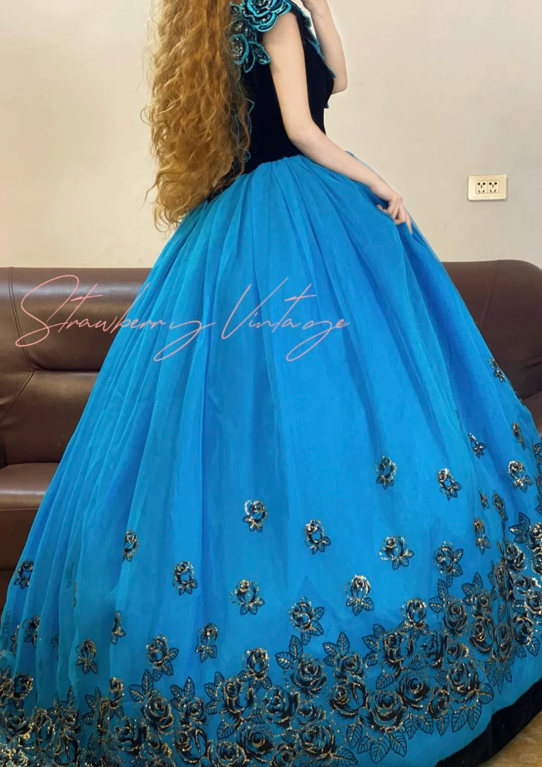 Blue Floral Vintage Elegant Long Princess Tulle Ball Gown nv5026